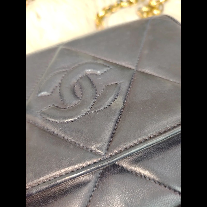 Chanel Vintage 雙C 黑金格菱紋鏈條包 15開-4