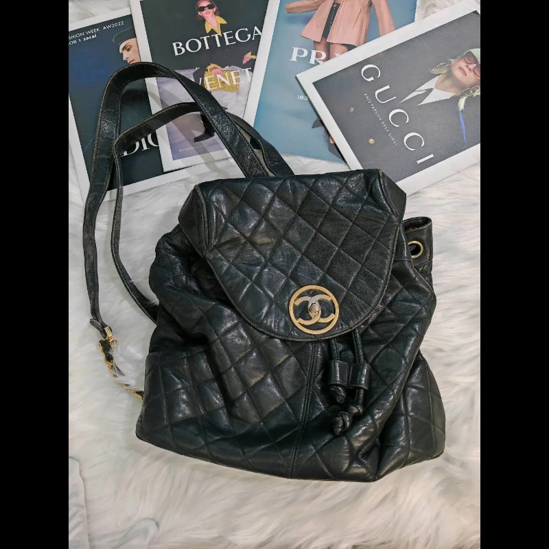 Chanel DUMA 雙肩包 黑色 菱格纹 荔枝牛皮 金扣 無鐳射標-0