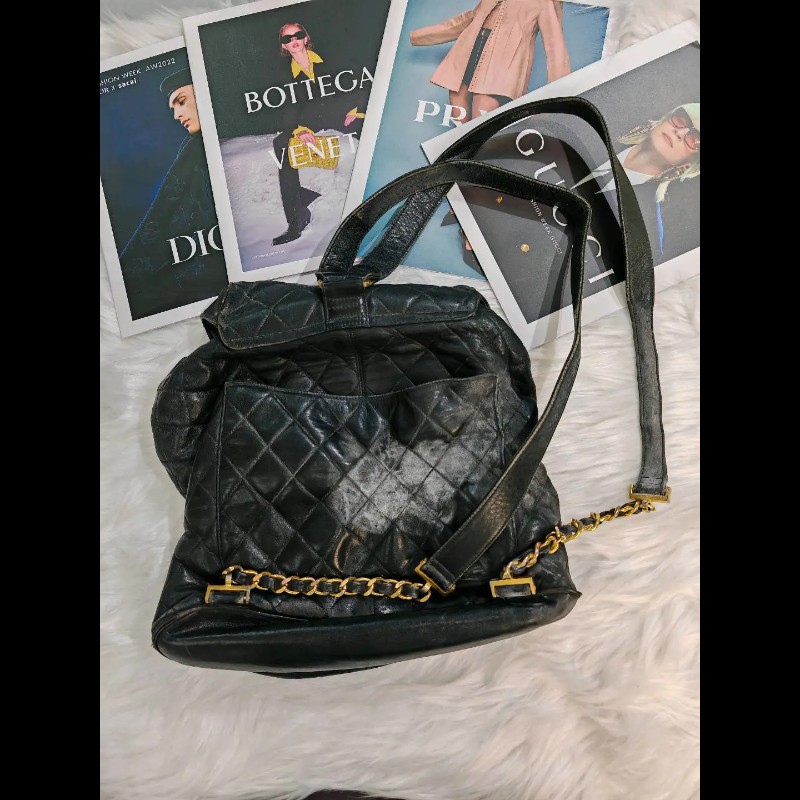 Chanel DUMA 雙肩包 黑色 菱格纹 荔枝牛皮 金扣 無鐳射標-1