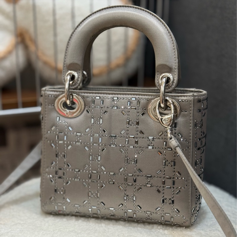 DIOR三格綢緞水鑽萊茵石灰色戴妃包-1