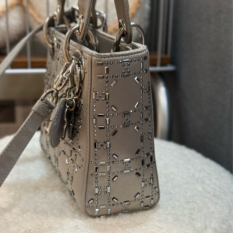 DIOR三格綢緞水鑽萊茵石灰色戴妃包-2