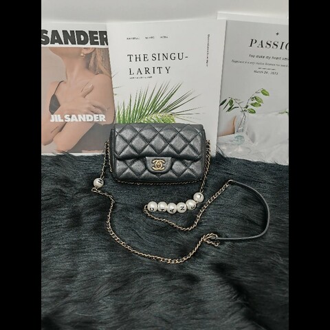 Chanel CF Mini 黑金 羊皮 珍珠鏈條