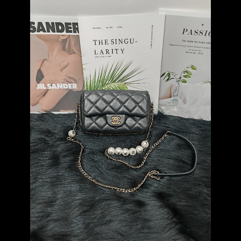 Chanel CF Mini 黑金 羊皮 珍珠鏈條-0