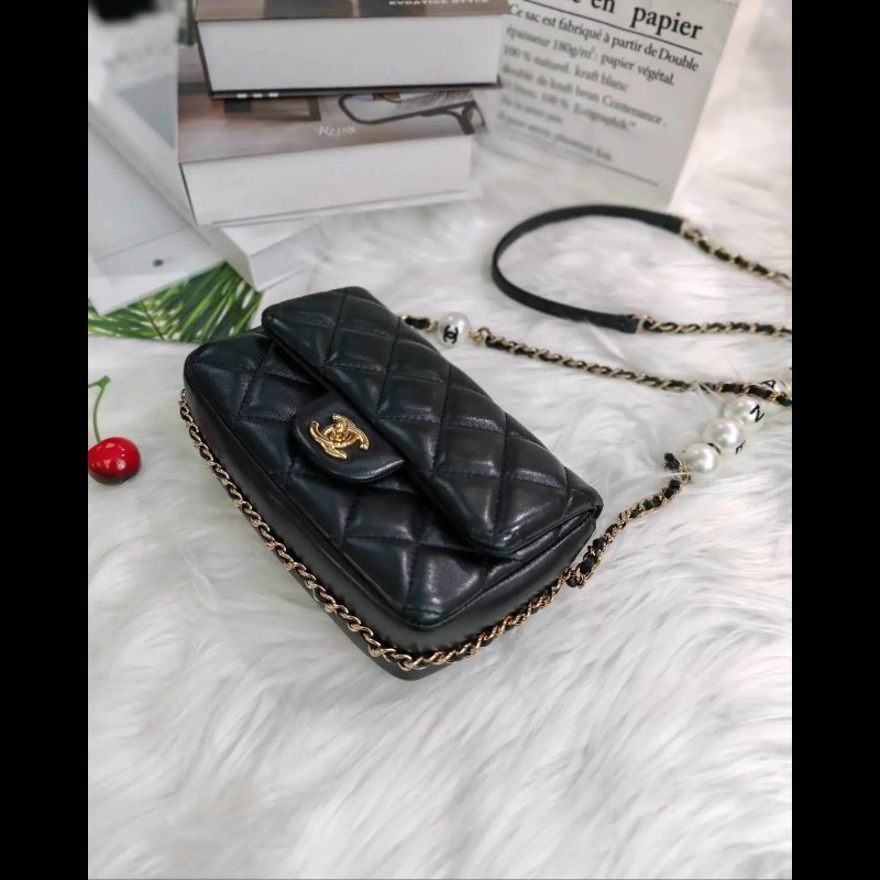 Chanel CF Mini 黑金 羊皮 珍珠鏈條-1
