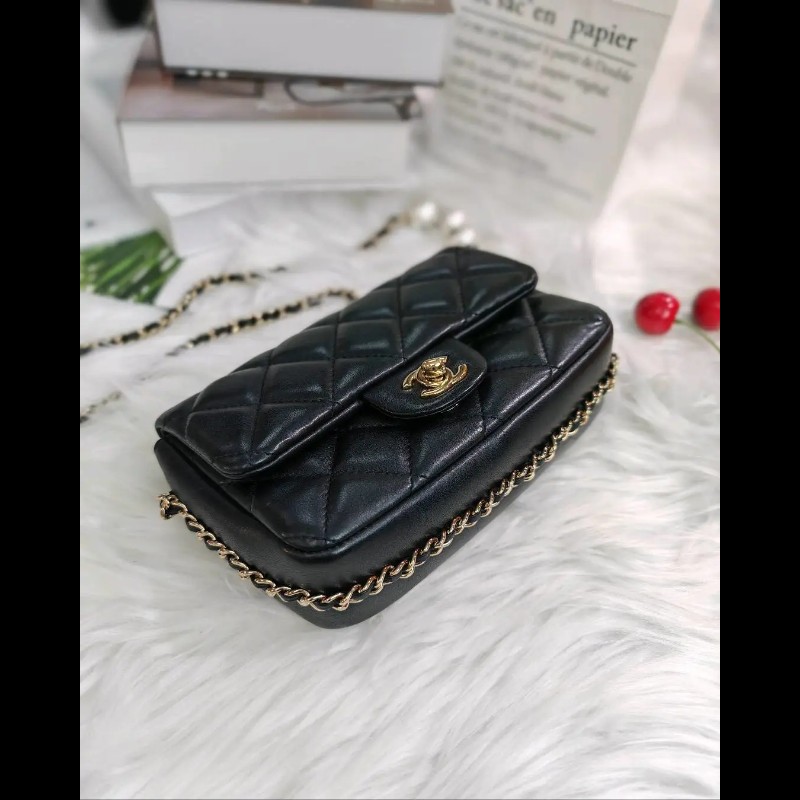 Chanel CF Mini 黑金 羊皮 珍珠鏈條-2