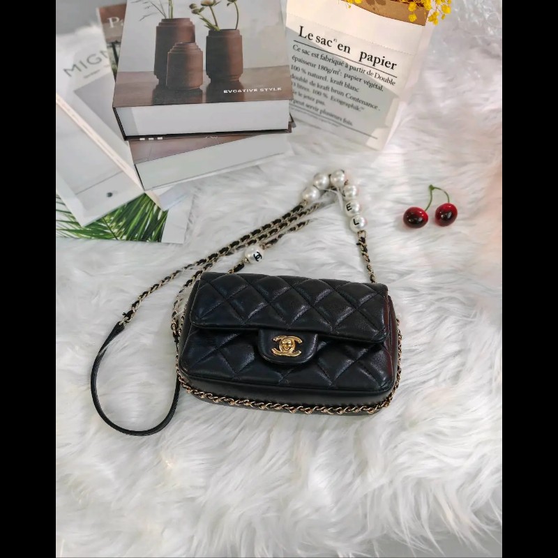 Chanel CF Mini 黑金 羊皮 珍珠鏈條-3