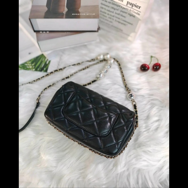 Chanel CF Mini 黑金 羊皮 珍珠鏈條-4