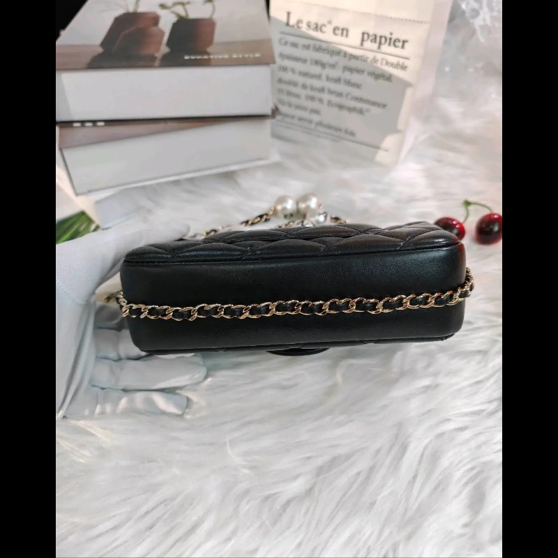 Chanel CF Mini 黑金 羊皮 珍珠鏈條-6
