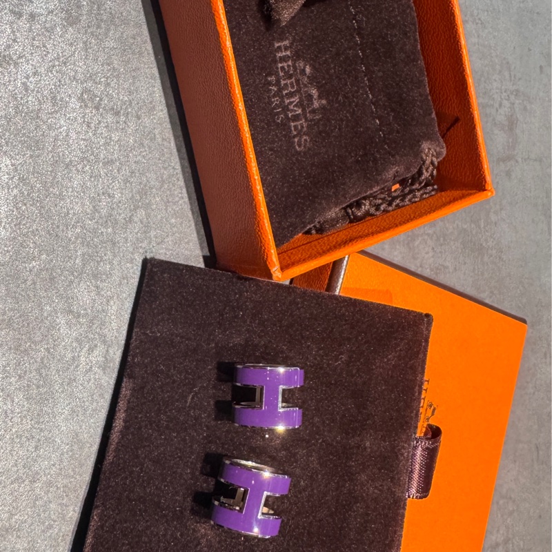 近全新Hermes 愛馬仕pop H 紫銀釦耳環耳針-4