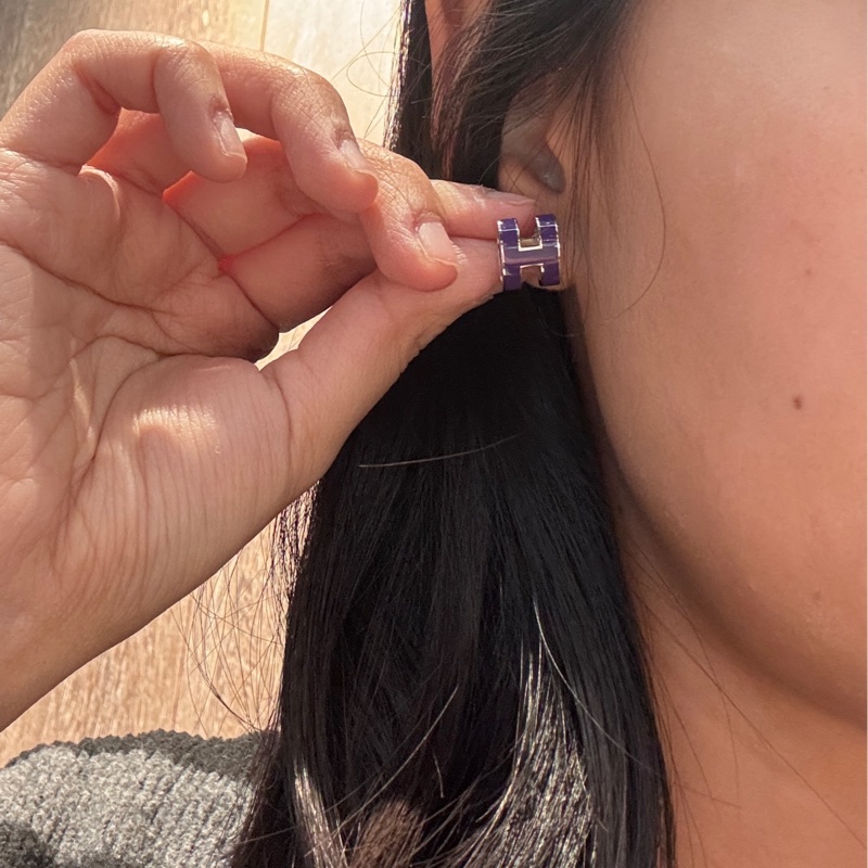 近全新Hermes 愛馬仕pop H 紫銀釦耳環耳針-9