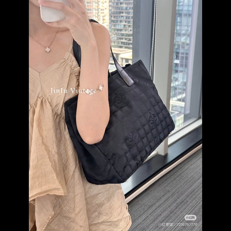 香奈兒 Chanel 黑色 尼龍布 購物包 肩背包 托特包 通勤適合-0