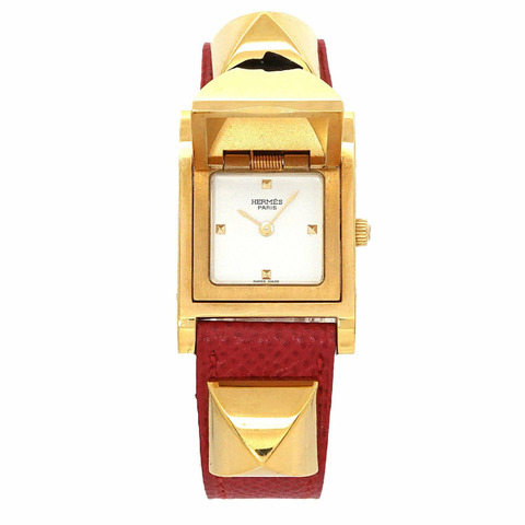 愛馬仕 Medor 女士金字塔金鉚釘腕錶，白色和紅色皮革錶帶，石英機芯