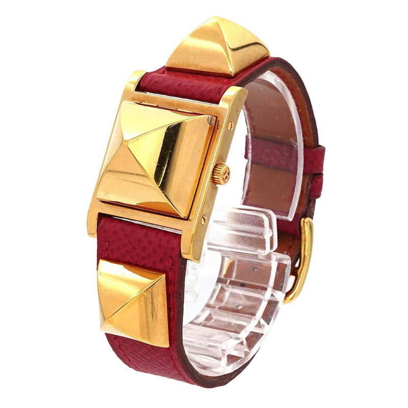愛馬仕 Medor 女士金字塔金鉚釘腕錶，白色和紅色皮革錶帶，石英機芯-2