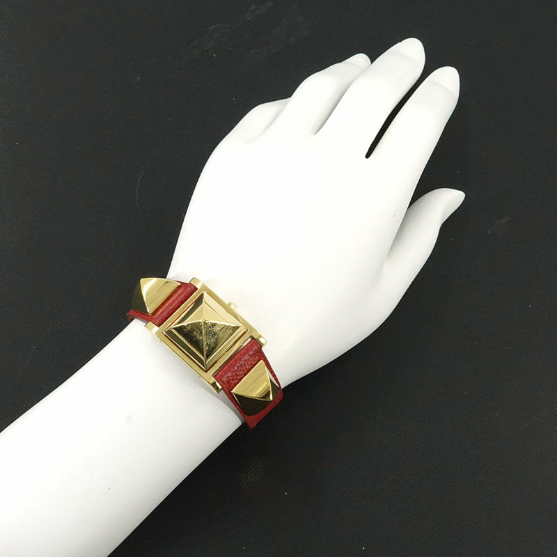 愛馬仕 Medor 女士金字塔金鉚釘腕錶，白色和紅色皮革錶帶，石英機芯-3