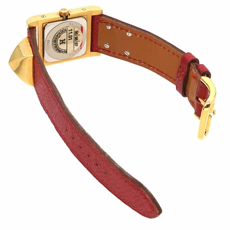 愛馬仕 Medor 女士金字塔金鉚釘腕錶，白色和紅色皮革錶帶，石英機芯-4