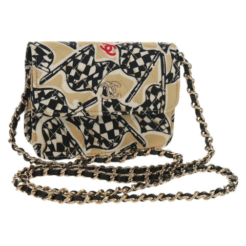 香奈兒 (CHANEL) 絎縫鏈條肩背包 尼龍材質 棕色 金色 CC 標誌 Auth 144002AM