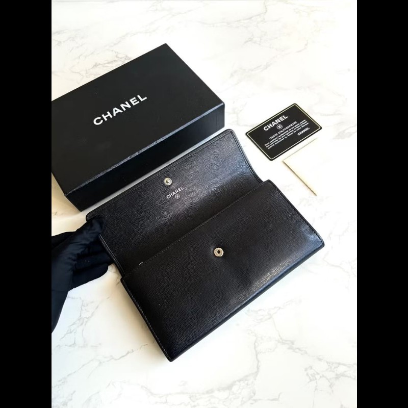 【LA LUNE】中古包 Chanel 黑色魚子醬皮革長夾 皮夾 錢包 二手包 手拿包-1