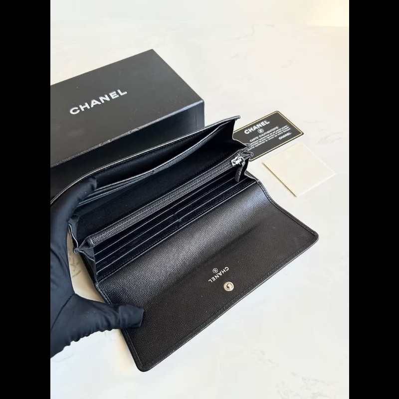 【LA LUNE】中古包 Chanel 黑色魚子醬皮革長夾 皮夾 錢包 二手包 手拿包-3