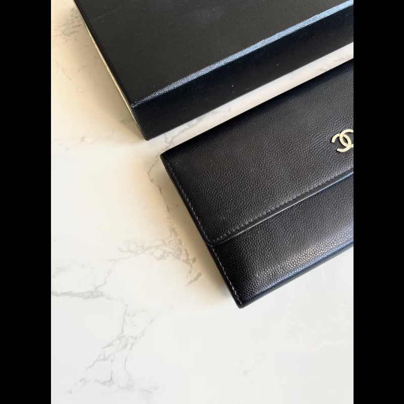 【LA LUNE】中古包 Chanel 黑色魚子醬皮革長夾 皮夾 錢包 二手包 手拿包-5