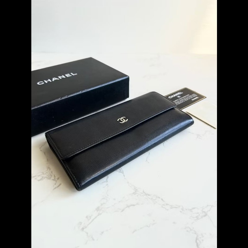 【LA LUNE】中古包 Chanel 黑色魚子醬皮革長夾 皮夾 錢包 二手包 手拿包-6