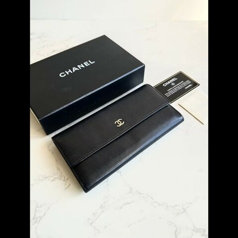 【LA LUNE】中古包 Chanel 黑色魚子醬皮革長夾 皮夾 錢包 二手包 手拿包