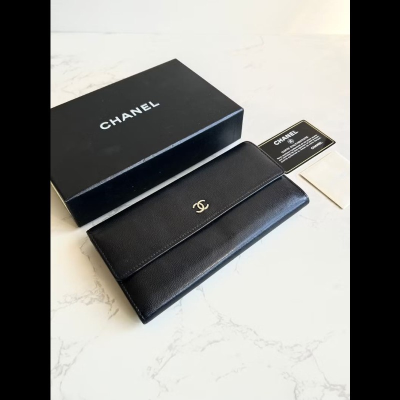 【LA LUNE】中古包 Chanel 黑色魚子醬皮革長夾 皮夾 錢包 二手包 手拿包-0