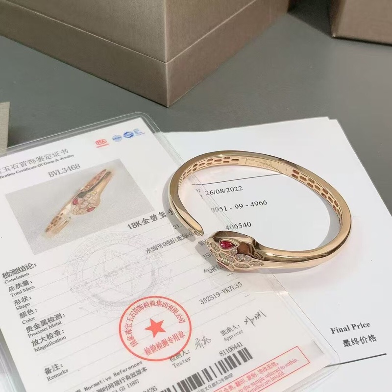 BVLGARI寶格麗蛇頭半鑽蛇形開口手鐲玫瑰金材質鑲嵌紅寶石 尺寸:S碼 2022購入-0