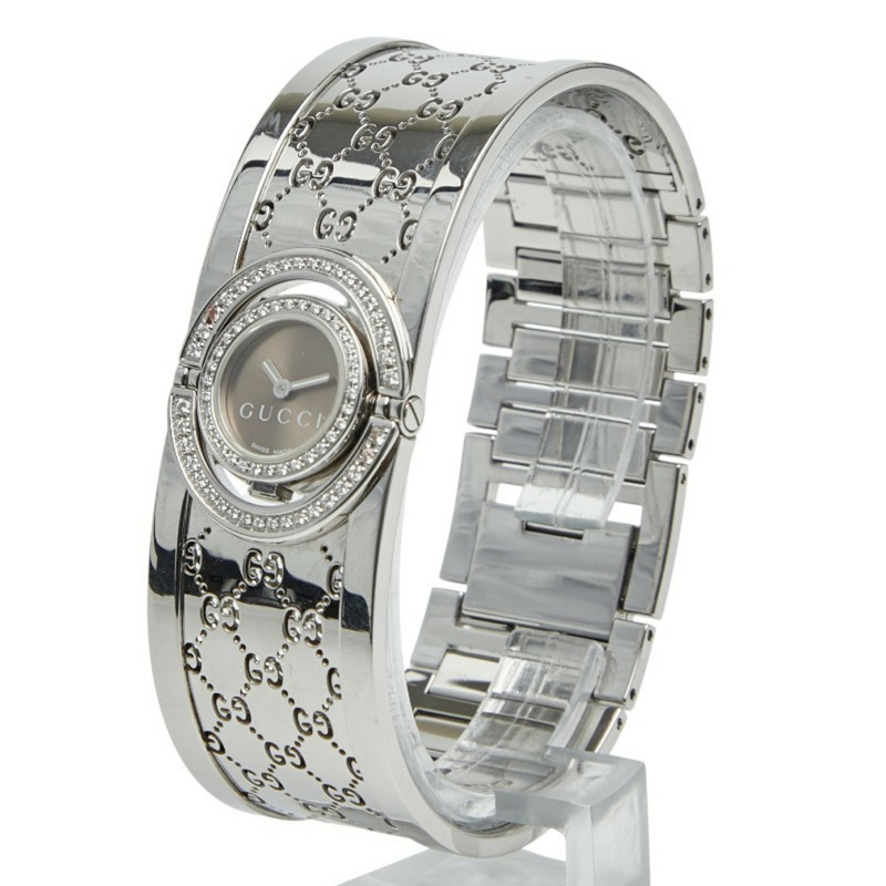 Gucci Toile 鑽石錶圈手鐲腕錶，石英機芯，棕色錶盤，不鏽鋼錶殼，女士款，GUCCI-1