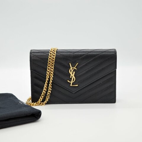 Saint Laurent 聖羅蘭 WOC 黑色荔枝牛皮金扣