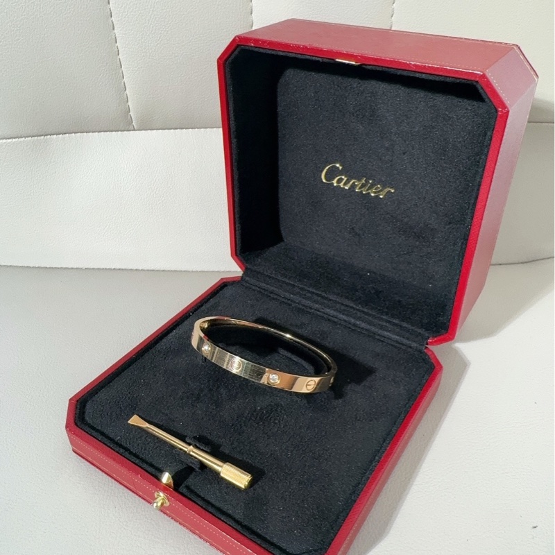 Cartier卡地亞 love系列 玫瑰金四鑽手鐲，寬版第三代，17號-3