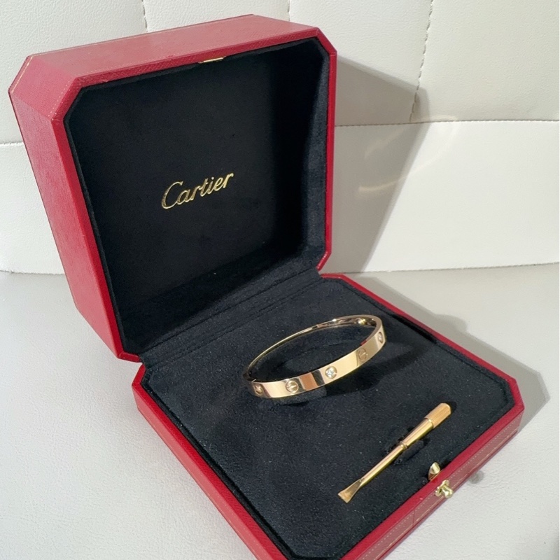 Cartier卡地亞 love系列 玫瑰金四鑽手鐲，寬版第三代，17號-4