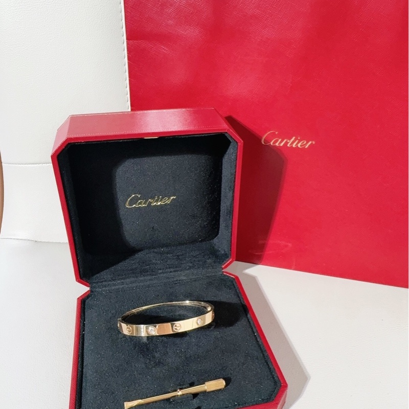 Cartier卡地亞 love系列 玫瑰金四鑽手鐲，寬版第三代，17號-6