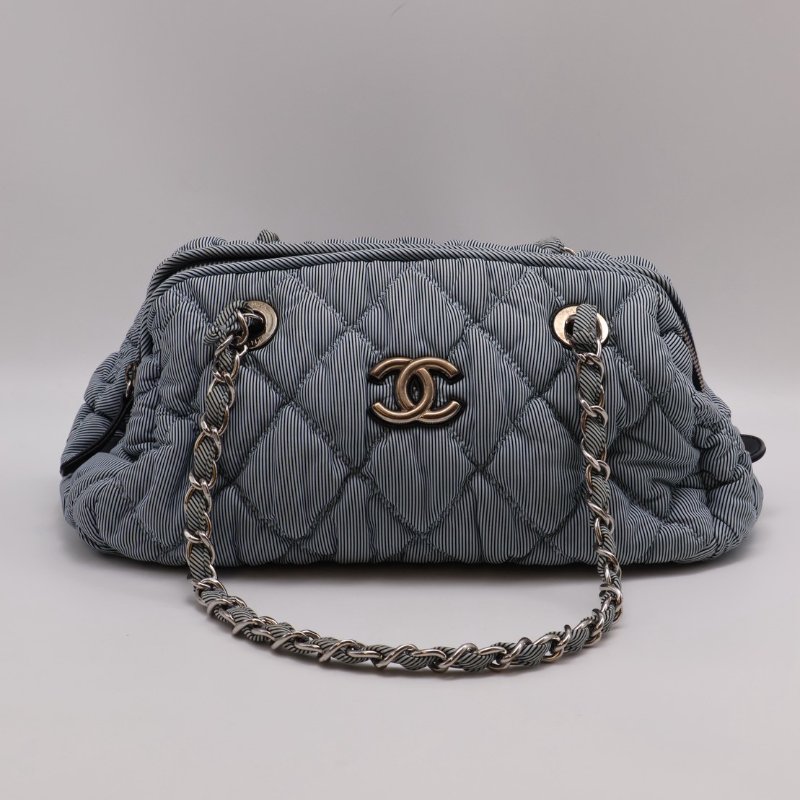 CHANEL 條紋織布泡泡雲朵包 - 藍銀13開-0