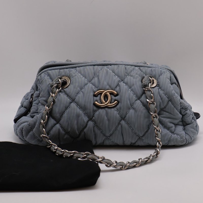 CHANEL 條紋織布泡泡雲朵包 - 藍銀13開-7