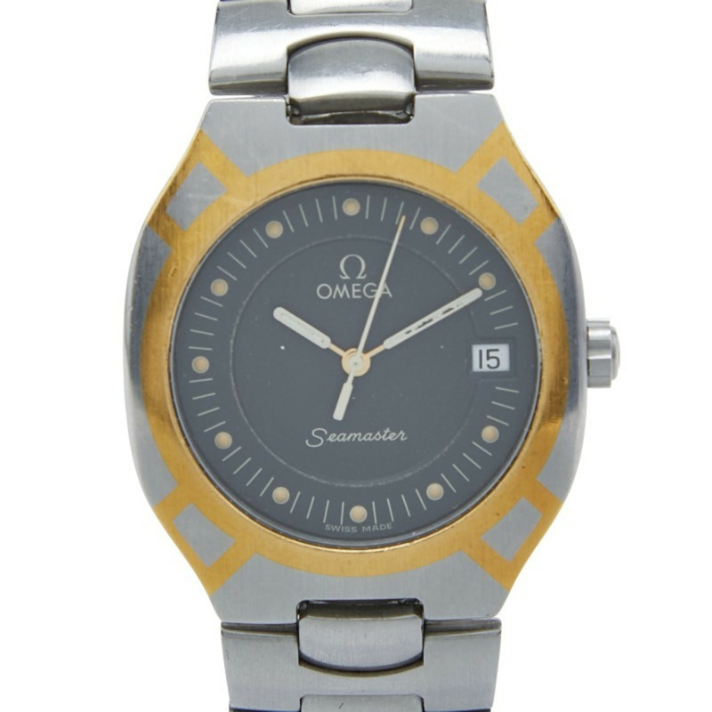 歐米茄海馬系列北極星石英腕錶，灰色錶盤，不鏽鋼錶殼，黃金錶帶，男士腕錶，OMEGA-0