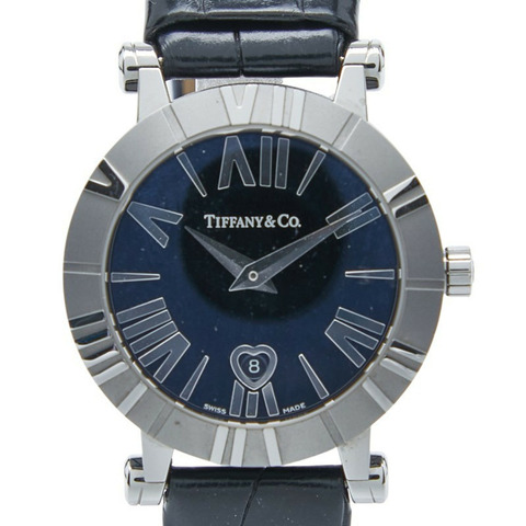 Tiffany & Co.) Atlas 心型日期石英腕錶，黑色錶盤，不鏽鋼錶殼，皮革錶帶，女款