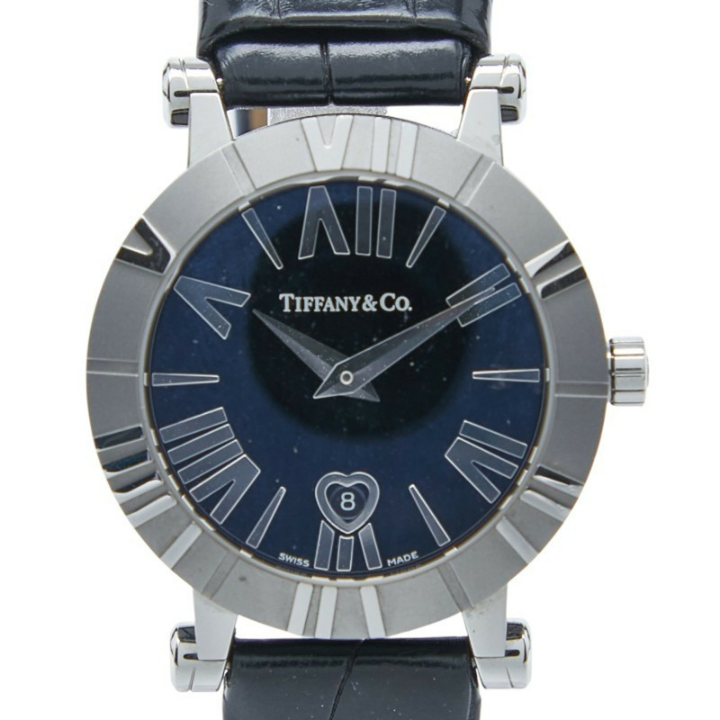 Tiffany & Co.) Atlas 心型日期石英腕錶，黑色錶盤，不鏽鋼錶殼，皮革錶帶，女款-0