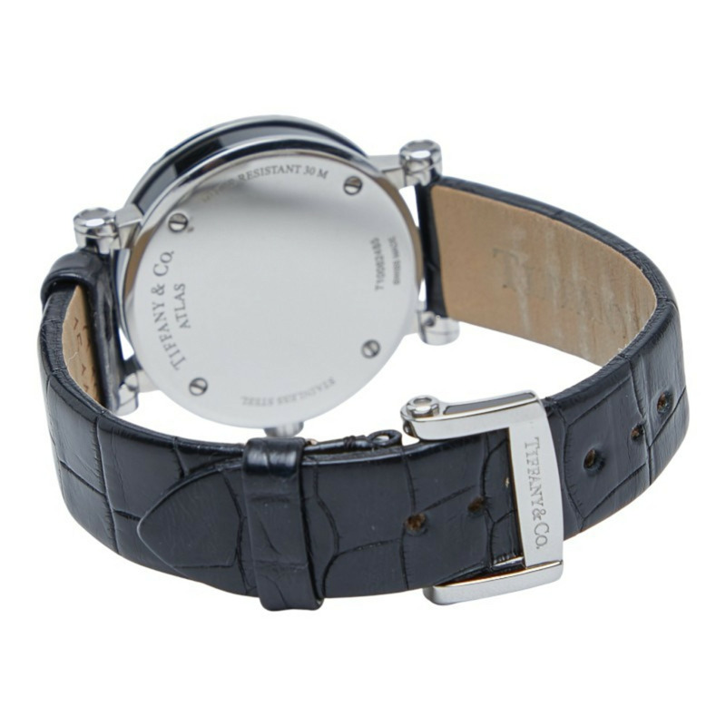 Tiffany & Co.) Atlas 心型日期石英腕錶，黑色錶盤，不鏽鋼錶殼，皮革錶帶，女款-2