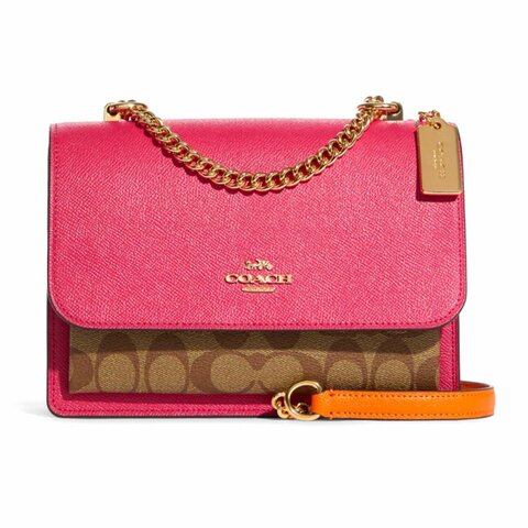 【COACH】拼接皮革翻蓋斜背包-莓粉