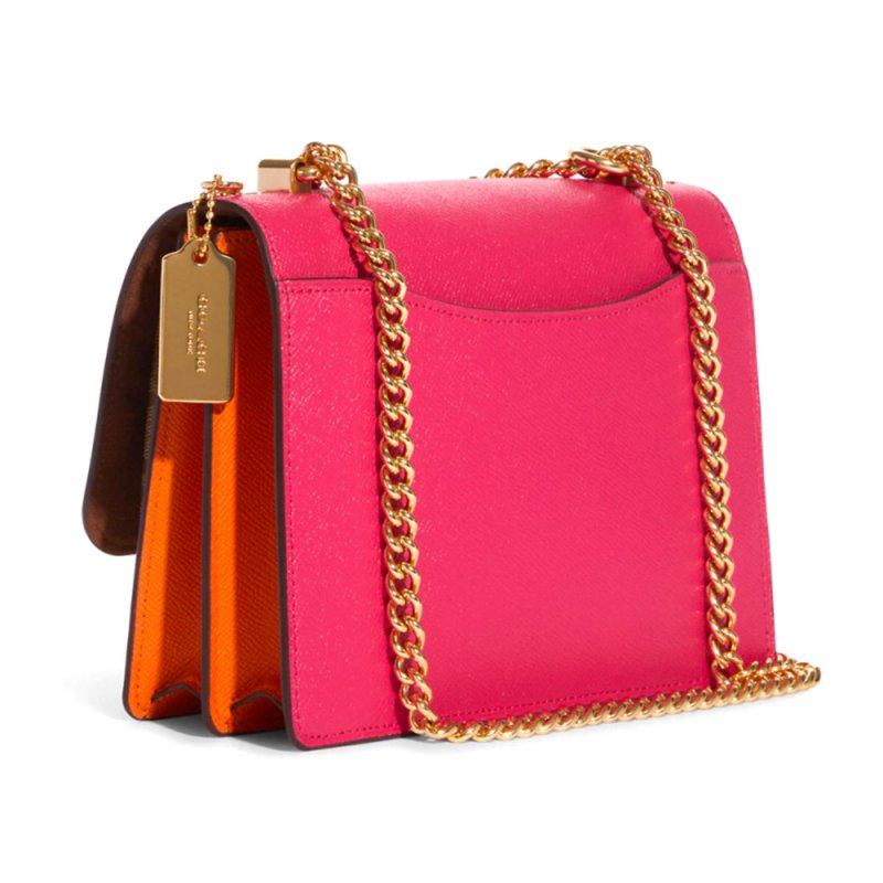 【COACH】拼接皮革翻蓋斜背包-莓粉-2