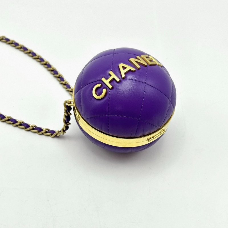 CHANEL 紫色金扣高級手工坊系列圓球鏈條包 9cm 98新配件塵袋-1