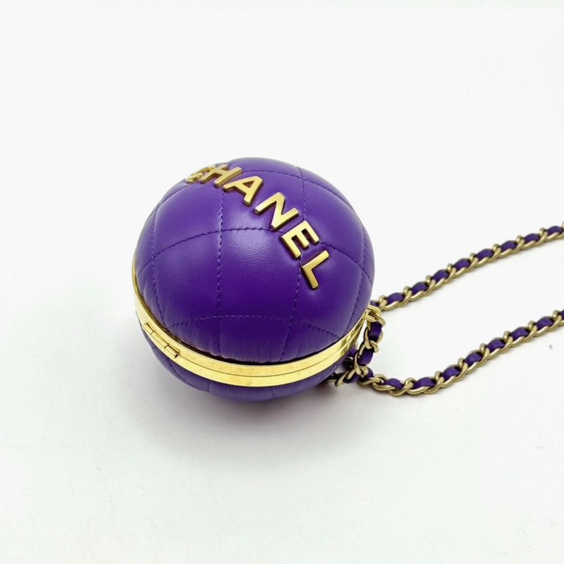 CHANEL 紫色金扣高級手工坊系列圓球鏈條包 9cm 98新配件塵袋-5