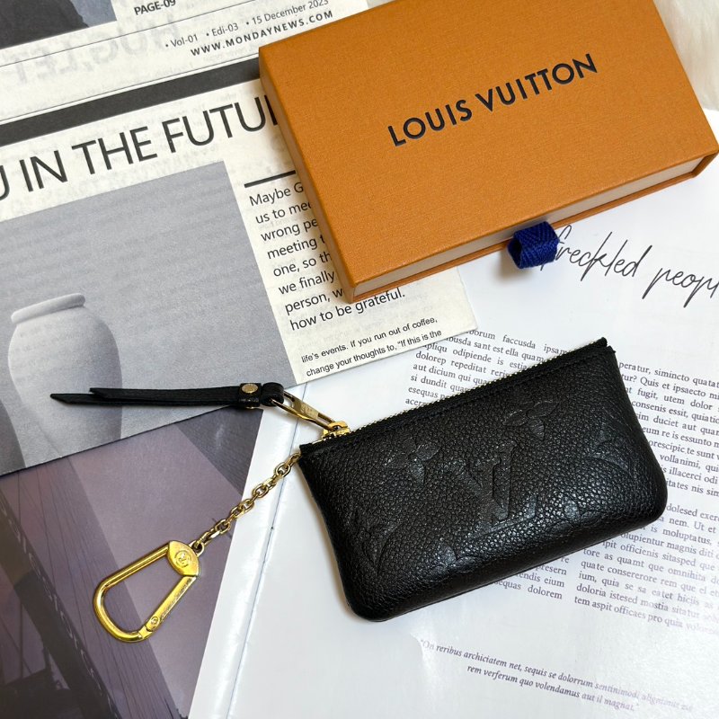 LOUIS VUITTON 壓紋牛皮鑰匙釦拉鍊零錢包 - 黑-2