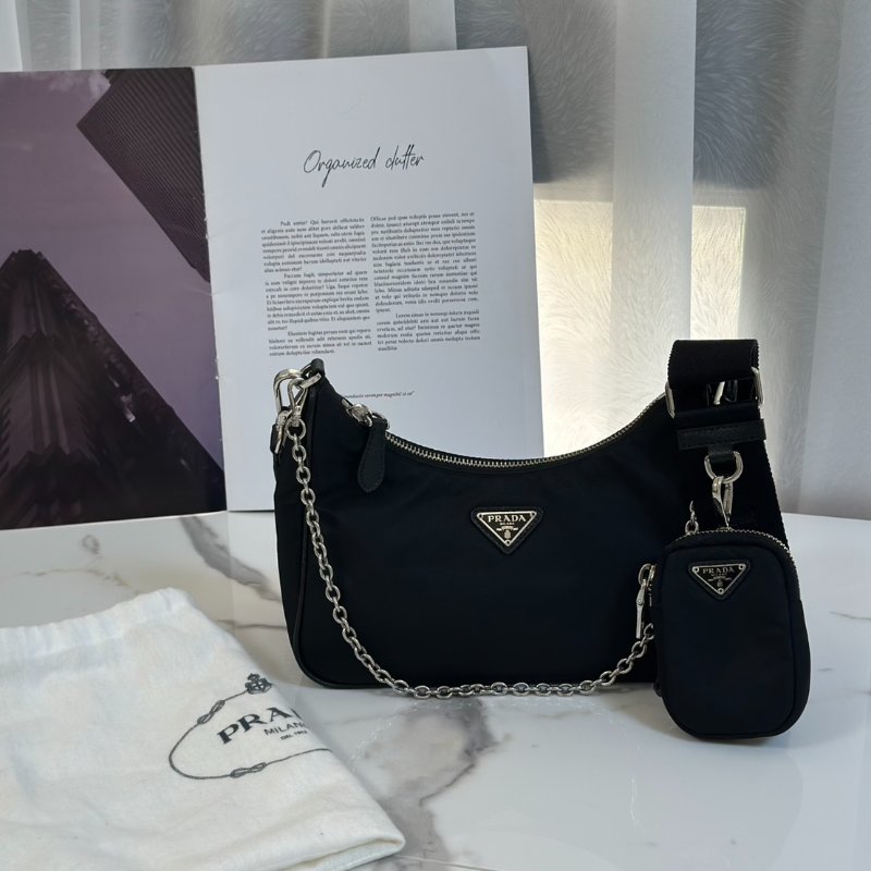 PRADA 經典三合一尼龍斜背包 - 黑銀-9