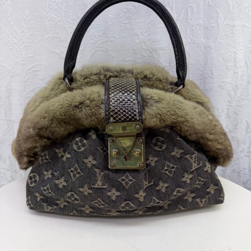 LOUIS VUITTON Monogram Denim/r 美栗鼠皮毛/蛇皮皮革Handbag金扣-0