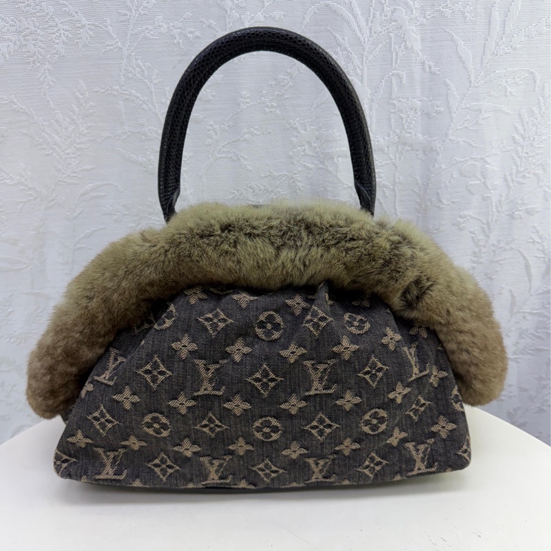 LOUIS VUITTON Monogram Denim/r 美栗鼠皮毛/蛇皮皮革Handbag金扣-1