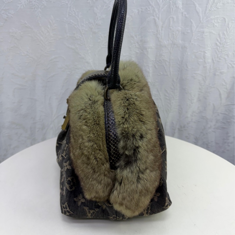 LOUIS VUITTON Monogram Denim/r 美栗鼠皮毛/蛇皮皮革Handbag金扣-3