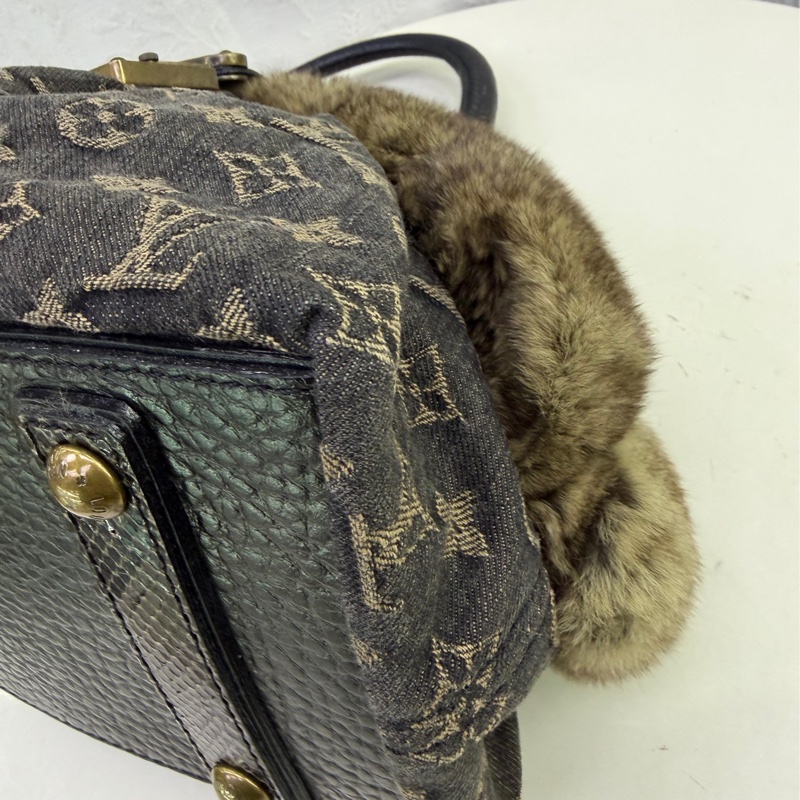 LOUIS VUITTON Monogram Denim/r 美栗鼠皮毛/蛇皮皮革Handbag金扣-4