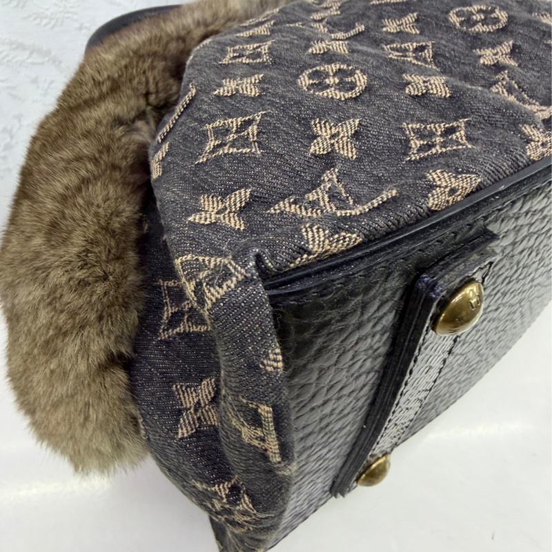 LOUIS VUITTON Monogram Denim/r 美栗鼠皮毛/蛇皮皮革Handbag金扣-5