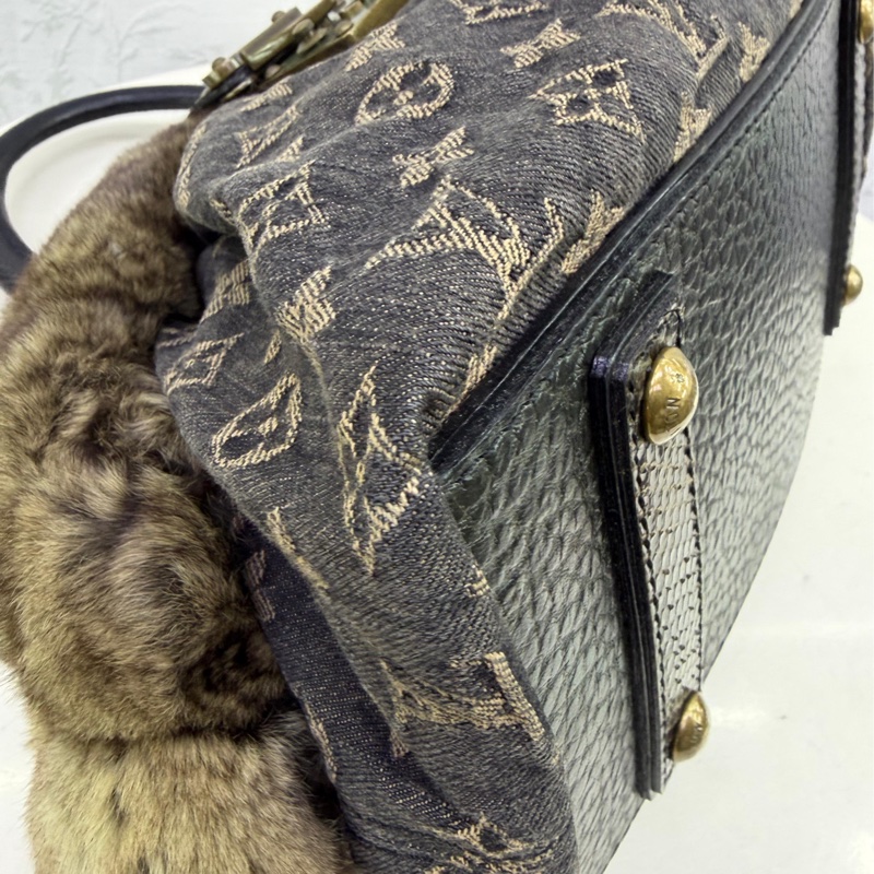 LOUIS VUITTON Monogram Denim/r 美栗鼠皮毛/蛇皮皮革Handbag金扣-6